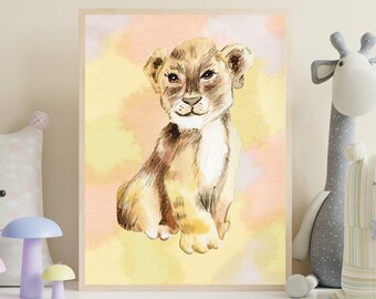 Impression d'art mural aquarelle bébé lion | Décoration de chambre d'enfants | Impression chambre d'enfant | Décoration bébé lion | Impression d'art Lion | Bébé animal aquarelle |