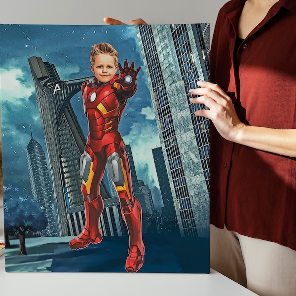 SuperHero Iron Man Kids Custom Portrait, Get Your Own Superhero Portrait from your photo,Personalized Superhero caricature,Digital File Only