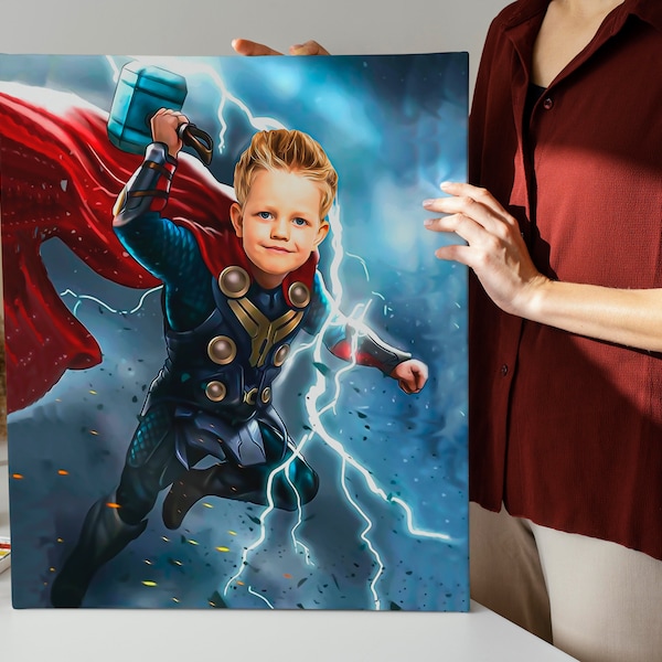 SuperHero Thor Kids Custom Portrait, Get Your Own Superhero Portrait from your photo,Personalized Superhero caricature,Digital File Only