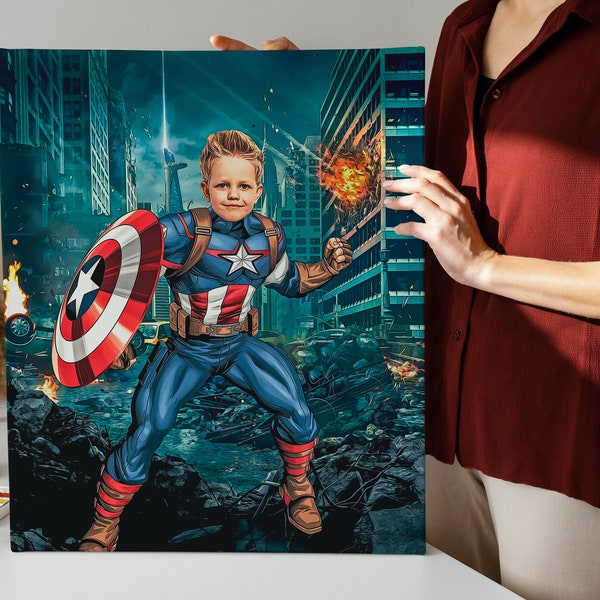 SuperHero Captain American Kids Custom Portrait, Get Your Own Superhero Portrait from your photo,Personalized caricature,Digital File Only
