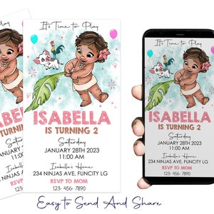 Baby Moana Invitation, Theme Birthday Girl Baby Moana Party Mobile Phone Text Invitation Electronic Email SMS Invite Digital Invitation