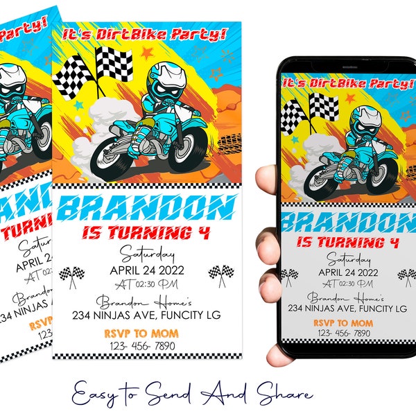 Dirt Bike Invitation, Birthday Boy Motocross Mobile Phone Text Invitation Electronic Email SMS Invite Digital Invitation, Digital File Only