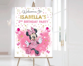 Minnie Mouse Verjaardag Welkomstbord, Minnie Mouse Gepersonaliseerde Verjaardag Welkomstbord, Minnie Mouse Roze Welkomstbord- Alleen digitaal bestand