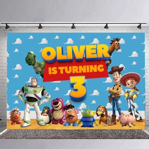 Toile de fond de joyeux anniversaire pour Toy Story, fête à thème vidéo,  décoration de table de gâteau d'anniversaire pour enfants, bannière