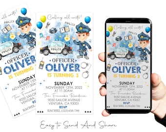 Police Officer Birthday Invitation Boy Party Mobile Phone Text Electronic Email Evite Digital Instant Download Digital File Only