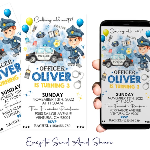 Police Officer Birthday Invitation Boy Party Mobile Phone Text Electronic Email Evite Digital Instant Download Digital File Only