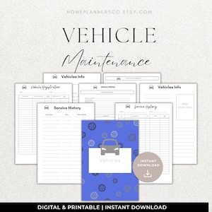 Pu&ograve; includere: Una raccolta di moduli di manutenzione del veicolo stampabili, tra cui registrazione del veicolo, cronologia dei servizi e profilo del veicolo. I moduli sono in bianco e nero con una copertina blu con una grafica di un'auto. Il testo "VEHICLE Maintenance" &egrave; in alto.