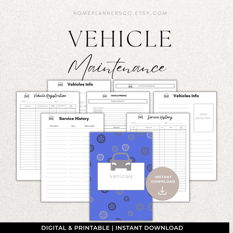 Pu&ograve; includere: Una raccolta di moduli di manutenzione del veicolo stampabili, tra cui registrazione del veicolo, cronologia dei servizi e profilo del veicolo. I moduli sono in bianco e nero con una copertina blu con una grafica di un'auto. Il testo "VEHICLE Maintenance" &egrave; in alto.