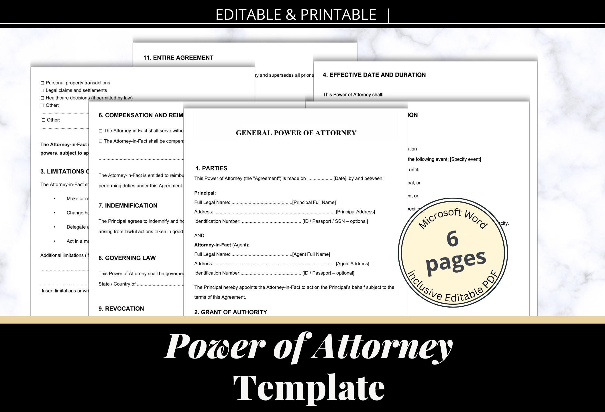 EDITABLE Power of Attorney Template, Power of Attorney Form. POA Form ...