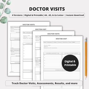 Può includere: Un set di moduli per visite mediche stampabili in bianco e nero. I moduli includono sezioni per il nome del medico, l'indirizzo, il motivo della visita e le note. L'immagine include anche il testo "Doctor Visits" e "Digital & Printable". Una matita gialla è a destra.