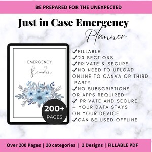 Op de afbeelding: Een noodplanner getiteld "Just in Case Emergency Planner" met de tekst "Emergency Binder" en een bloemmotief. De planner bevat meer dan 200 pagina's, 20 categorie&euml;n en is een invulbare PDF. De afbeelding benadrukt ook belangrijke kenmerken.