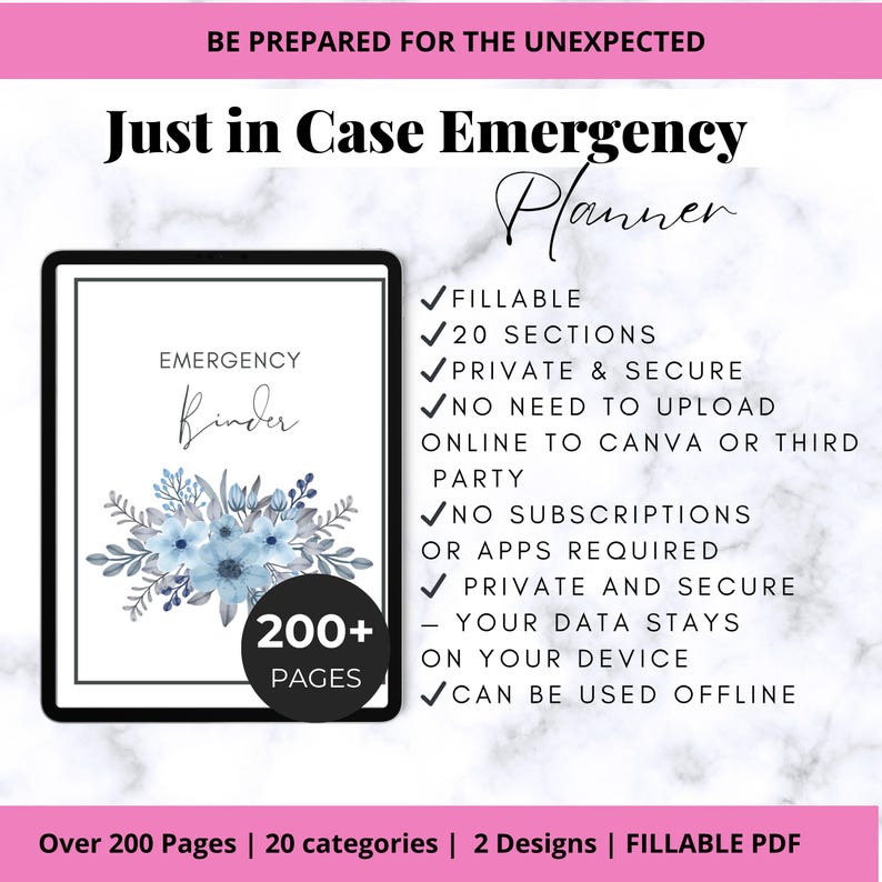 Op de afbeelding: Een noodplanner getiteld "Just in Case Emergency Planner" met de tekst "Emergency Binder" en een bloemmotief. De planner bevat meer dan 200 pagina's, 20 categorie&euml;n en is een invulbare PDF. De afbeelding benadrukt ook belangrijke kenmerken.