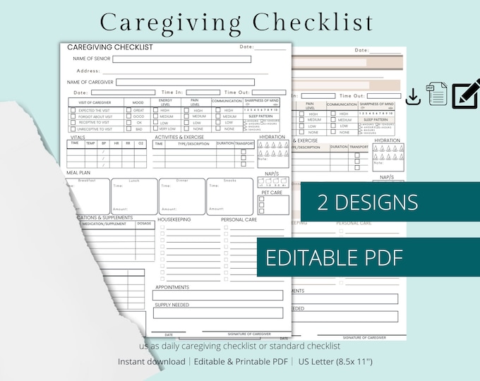 Weekly Home Care Checklist Printable, Monday Start, Caregiving Elderly