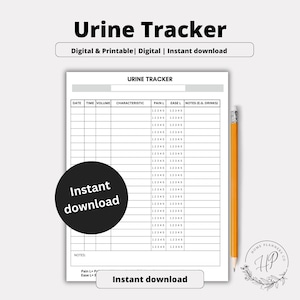 Może przedstawiać: Wydrukowany tracker moczu zatytułowany "Urine Tracker". Tracker zawiera sekcje na datę, godzinę, objętość, charakterystykę, poziom bólu, łatwość i notatki. Ołówek umieszczony jest po prawej stronie trackera. Widoczne są również słowa "Natychmiastowe pobieranie".