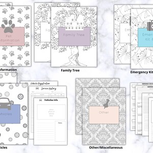 Op de afbeelding: Een verzameling afdrukbare plannerpagina's met verschillende ontwerpen. Bevat pagina's voor huisdierinformatie, stambomen, noodpakketten, voertuiginformatie en andere notities. Elke pagina heeft een decoratieve rand en een gekleurd label.