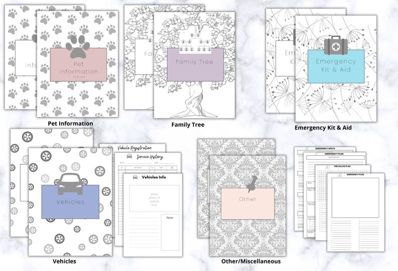 Op de afbeelding: Een verzameling afdrukbare plannerpagina's met verschillende ontwerpen. Bevat pagina's voor huisdierinformatie, stambomen, noodpakketten, voertuiginformatie en andere notities. Elke pagina heeft een decoratieve rand en een gekleurd label.