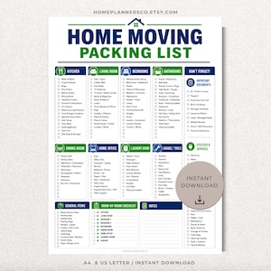 Op de afbeelding: Een verhuis-paklijst op een witte achtergrond met blauwe en groene koppen. Het bevat checklists per kamer, waaronder keuken, woonkamer, slaapkamers, badkamers, eetkamer, thuiskantoor, wasruimte en garage, inclusief een download-icoon voor gebruik.