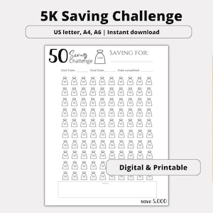 5K Savings Challenge Tracker: Printable Money Saving Goal, 5000 Savings Plan, (PDF Download)
