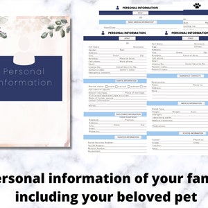 May include: A printable personal information form with sections for adults, children, and pets. The form includes fields for basic, medical, and emergency contact information. The title "Personal Information" is displayed in a navy blue rectangle.
