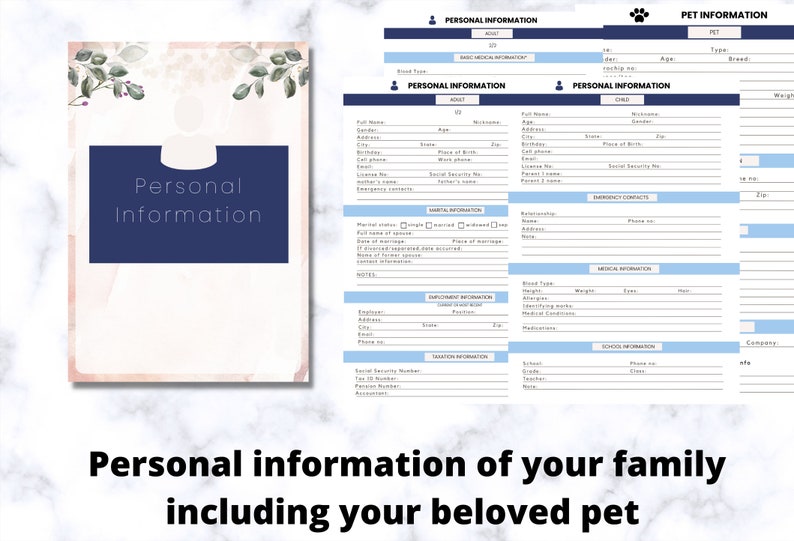 May include: A printable personal information form with sections for adults, children, and pets. The form includes fields for basic, medical, and emergency contact information. The title "Personal Information" is displayed in a navy blue rectangle.