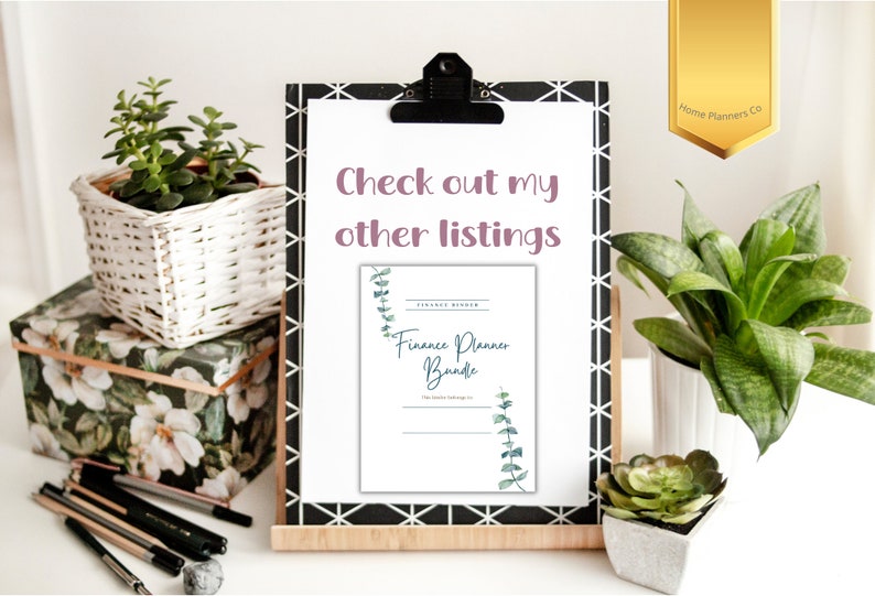 May include: A white clipboard with a black and white geometric pattern border holds a printable "Finance Planner Bundle" document with a floral design. The text "Check out my other listings" is written in pink on the document. The clipboard is on a white surface with a potted succulent and a white wicker basket with a potted plant.