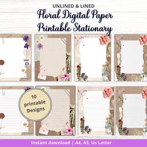 Printable Floral Stationery Bundle, 12 Floral Writing Paper,Letter Paper, Unlined Paper, Lined Paper, Stationary Paper, Pretty paper A4 A5