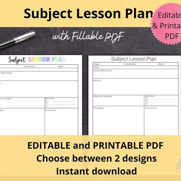 Editable Subject Lesson Plan Template, Printable Digital Lesson Planner, Detailed Lesson Plan Page, Daily Lesson Planner, Instant download