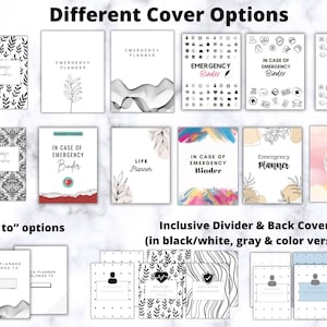 May include: A collection of emergency binder covers with various designs, including floral, abstract, and icon-based illustrations. The covers feature titles like "Emergency Binder" and "In Case of Emergency Binder". Additional divider and back cover options are also shown.