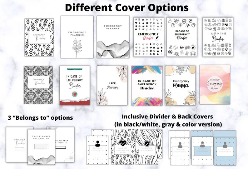 May include: A collection of emergency binder covers with various designs, including floral, abstract, and icon-based illustrations. The covers feature titles like "Emergency Binder" and "In Case of Emergency Binder". Additional divider and back cover options are also shown.