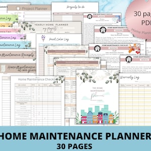 May include: A printable home maintenance planner with 30 pages. The planner includes checklists for seasonal, monthly, and warranty maintenance. The cover features a watercolor illustration of houses and greenery.