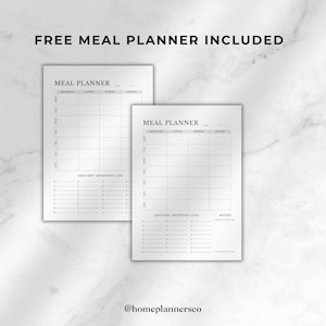 May include: Two white paper meal planner sheets with black text. Each sheet features a weekly grid for breakfast, lunch, dinner, and snacks, plus a grocery shopping list section. The text FREE MEAL PLANNER INCLUDED is at the top of the image.