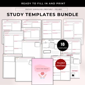 Könnte beinhalten: Ein Bündel von 18 digitalen Lerntemplates mit ausfüllbaren und druckbaren Seiten in Rosa. Die Sammlung enthält verschiedene Layouts für Notizen und Listen, mit dem Text Study Templates Bundle auf der Überschrift.