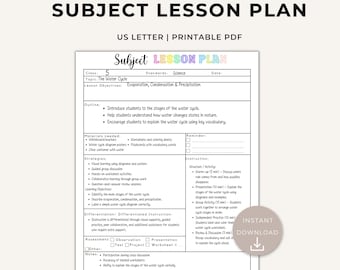 May include: A printable US letter subject lesson plan document for a 5th grade science class on the water cycle. The form includes sections for objectives, materials, strategies, instruction, and assessment with a circular instant download icon.