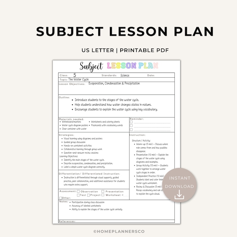 Lesson Plan Template - Printable Daily Lesson Planner, Detailed Subject Planner, Homeschool Classroom Teaching Resource (Digital Download) image 1