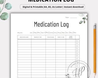 Medication Log, Medication Tracker, Medication Organizer, Medication List, Medication Chart, Pill Tracker, Supplement Tracker, Printable Log