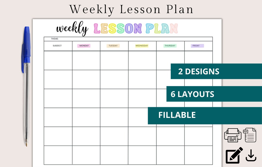 FILLABLE Weekly Lesson Plan Editable Simple Weekly Lesson Plan ...