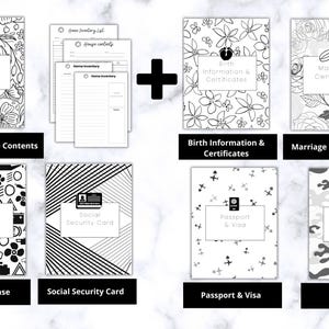 May include: A collection of black and white document organizers. The organizers include Property & House Contents, Birth Information & Certificates, Marriage Certificate, Driver's License, Social Security Card, Passport & Visa, and Military.
