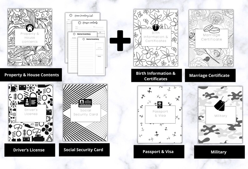 May include: A collection of black and white document organizers. The organizers include Property & House Contents, Birth Information & Certificates, Marriage Certificate, Driver's License, Social Security Card, Passport & Visa, and Military.