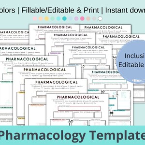 May include: A collection of white pharmacology templates with the title "Pharmacological" in a variety of colors. The templates are fillable and editable PDFs, with the text "12 Colors | Fillable/Editable & Print | Instant download". A blue circle says "Inclusive Editable PDF".