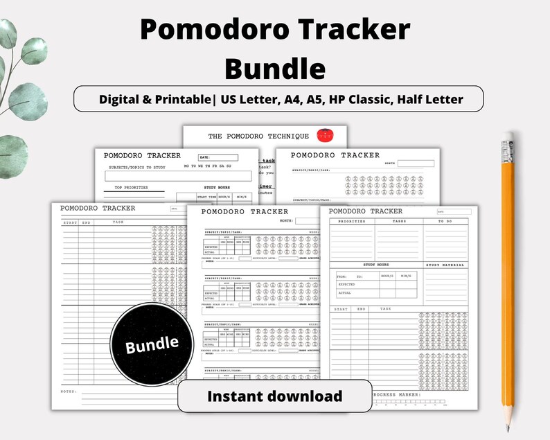 Pomodoro Tracker Bundle Pomodoro Planner, Productivity Planner, Study ...