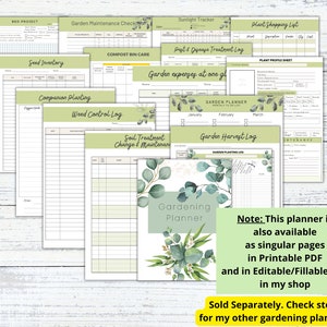 Pu&ograve; includere: Un planner da giardino stampabile con un design di eucalipto ad acquerello. Il planner include pagine per l'inventario dei semi, la semina di accompagnamento, il controllo delle erbacce, il trattamento del terreno, le spese da giardino, un piano da giardino, un registro del raccolto e altro ancora.