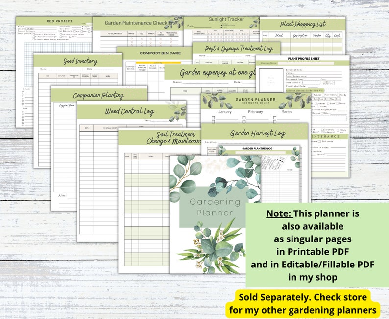 Pu&ograve; includere: Un planner da giardino stampabile con un design di eucalipto ad acquerello. Il planner include pagine per l'inventario dei semi, la semina di accompagnamento, il controllo delle erbacce, il trattamento del terreno, le spese da giardino, un piano da giardino, un registro del raccolto e altro ancora.