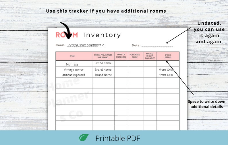 May include: Printable inventory tracker for a room with columns for item, serial number or brand, date of purchase, purchase price, photo or receipt available, and other details. The text "Room: Second Floor/ Apartment 2" is at the top of the page.