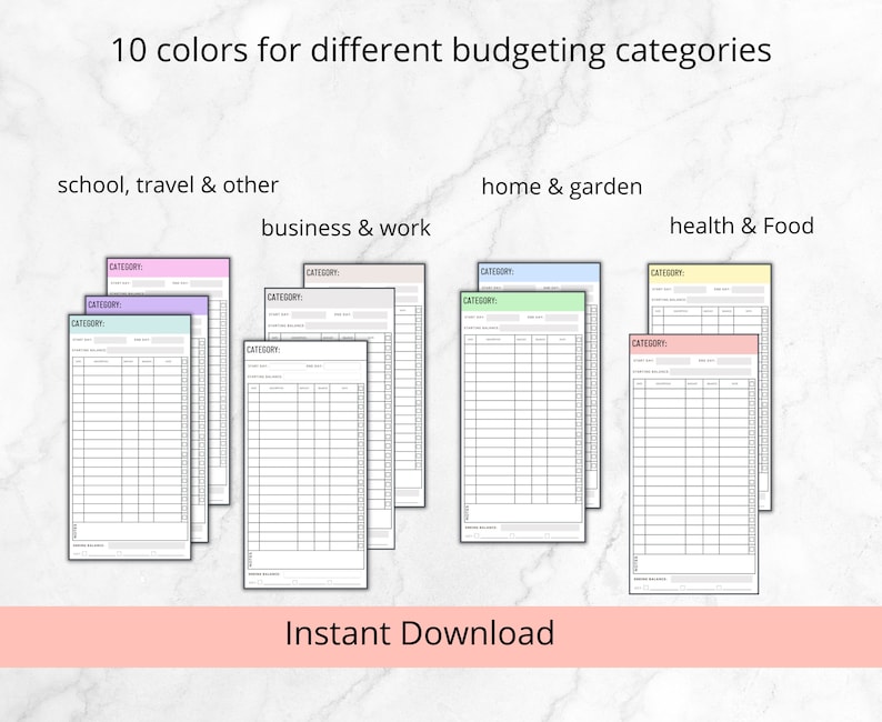 May include: Ten printable budget trackers in different colors. Each tracker has a category label, date column, and columns for item, amount, and notes. The categories are school, travel & other, business & work, home & garden, and health & food.