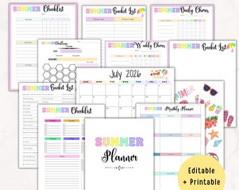 2026 Summer Planner Printable Bundle with Editable Summer Calendar, Summer Kids Planner Bundle, Summer Chore Chart (Printable PDF)