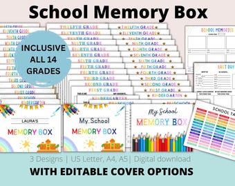 Puede incluir: Una colección de plantillas imprimibles para cajas de recuerdos escolares con texto colorido para los grados desde preescolar hasta duodécimo grado. Incluye portadas editables, registros de recuerdos, formularios y pestañas de colores.