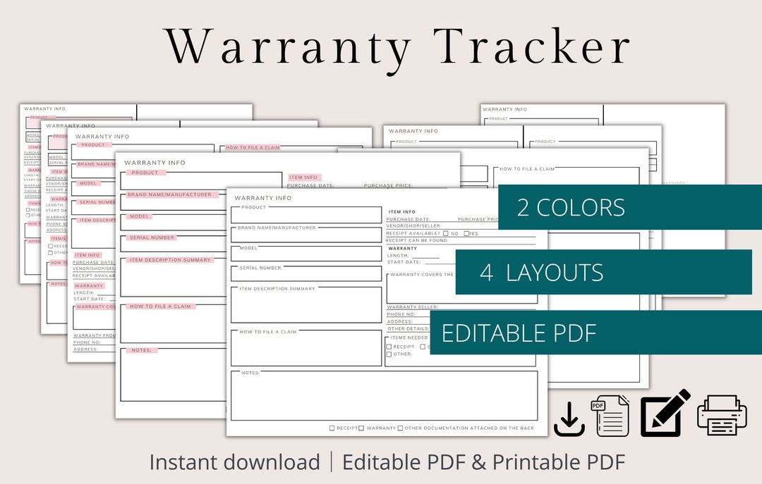 EDITABLE Warranty Tracker, Printable Warranty Log, Warranty Sheet