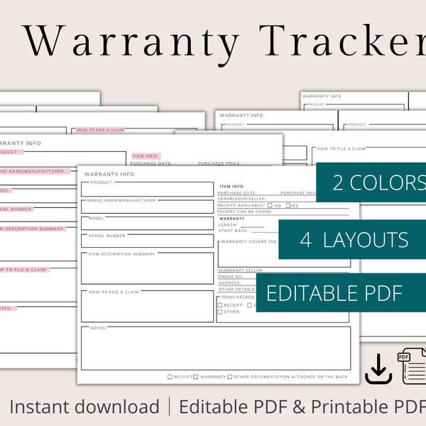 EDITABLE Warranty Tracker, Printable Warranty Log, Warranty Sheet, Household Organizer, Home Warranty Tracker, Instant download PDF