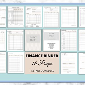 Puede incluir: Una colección de 16 páginas imprimibles para carpeta financiera con varios rastreadores para finanzas mensuales, pagos de deudas, facturas y objetivos. Los documentos incluyen tablas, calendarios y listas con el texto Finance Binder y 16 Pages Instant Download.