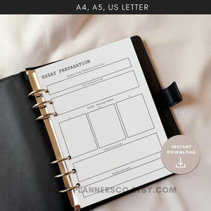 May include: Black binder with a white essay preparation template. The template includes sections for the question/title, introduction, body paragraphs, conclusion, and references. The text "A4, A5, US LETTER" is at the top. A button reads "INSTANT DOWNLOAD".